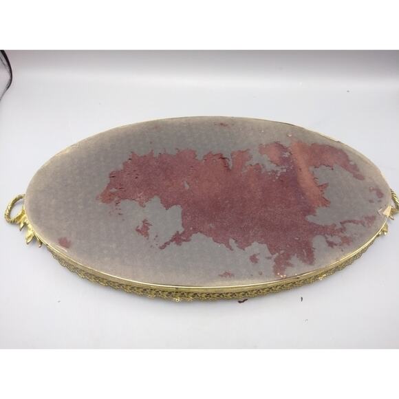 Vintage Vanity Tray Oval Mirrored Gilt Filigree Rim 18" at Flower Handles 9" - Picture 3 of 3